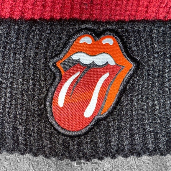 Rolling Stones Tongue Logo Beanie | Red & Black Pom Knit Winter Hat (OSFM) - Picture 6 of 10